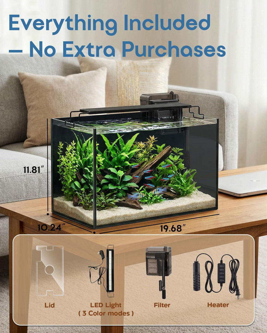 10 Gallon Glass Aquarium Kit, Rimless Fish Tank with LED & Filter, Black