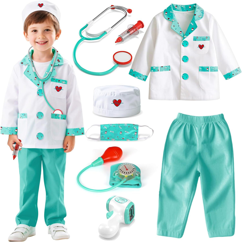 Doctor Costume for Kids, Doctor Dress Up and Play Set 8 PCS with Stethoscope, Role Play Costume for Toddlers 4-6