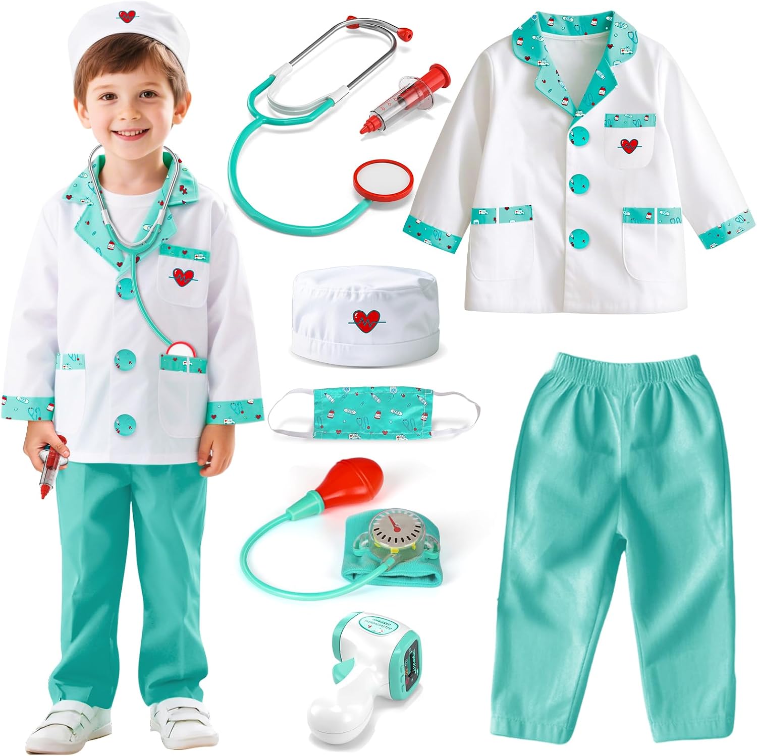 Doctor Costume for Kids, Doctor Dress Up and Play Set 8 PCS with Stethoscope, Role Play Costume for Toddlers 4-6