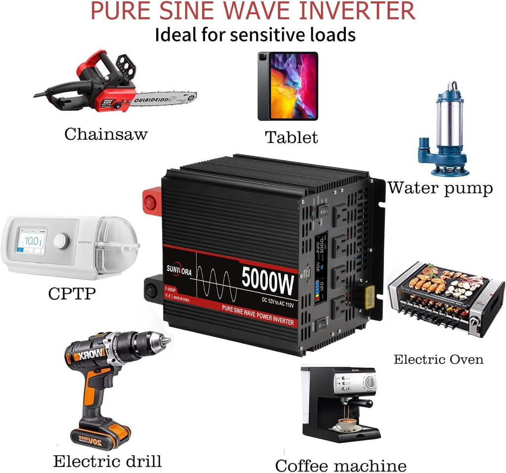 5000 Watt Pure Sine Wave Power Inverter, 12V DC to 110V/120V AC Converter 10000W Peak, with Remote Control LCD, 4 AC