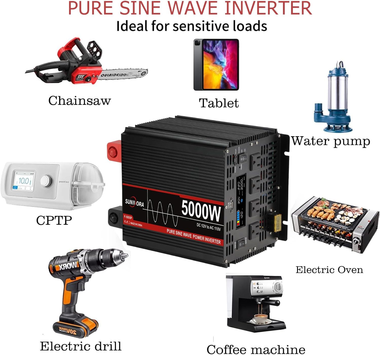 5000 Watt Pure Sine Wave Power Inverter, 12V DC to 110V/120V AC Converter 10000W Peak, with Remote Control LCD, 4 AC