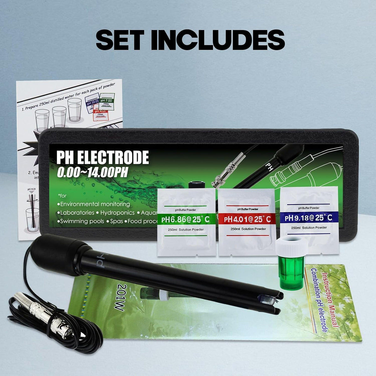 Long Body pH Electrode with BNC Socket Probe 300cm Cable 0-14pH for pH Meter, pH Controller pH Device Economical Sensor