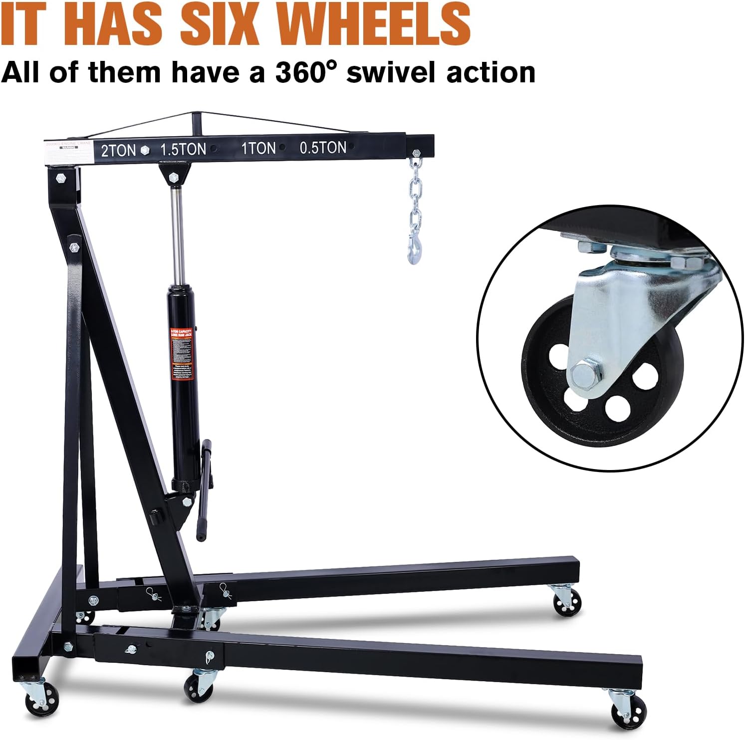 2 Ton Cherry Picker Engine Hoist, Heavy Duty Folding Engine Stand with 6 Iron Caster Wheels, Durable Engine Lift