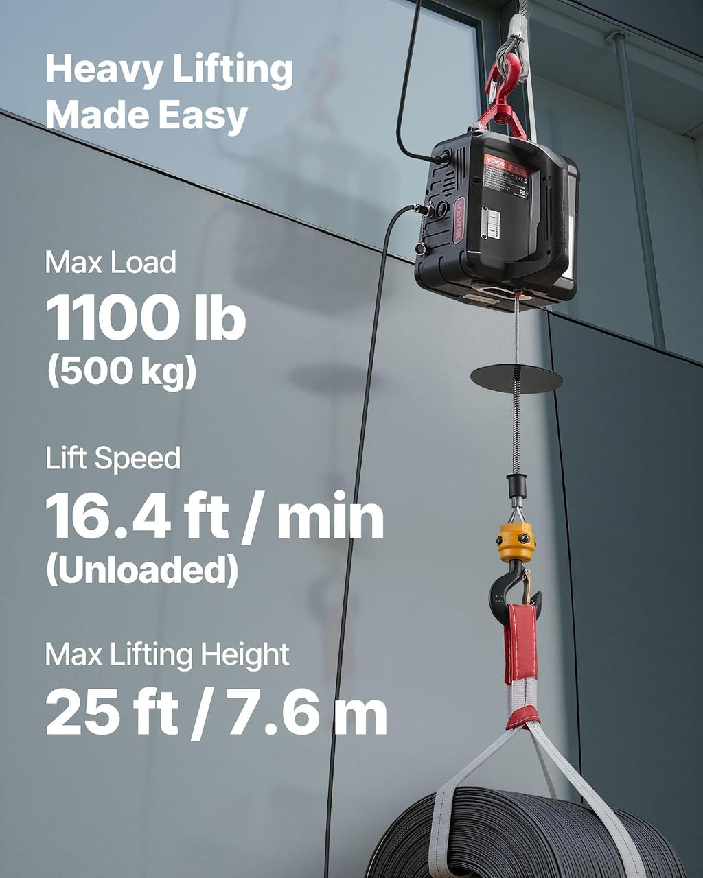 2-in-1 Electric Hoist Winch, 1100 lbs Capacity, 1500W Portable Power Winch Crane, 25 ft Lifting Height, 16.4 ft/min