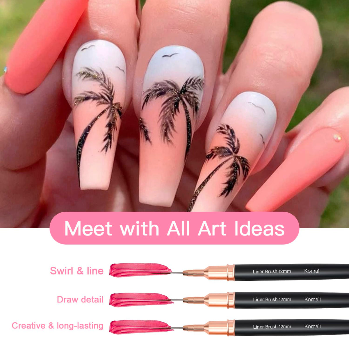 Metallic Nail Art Brushes, 5Pcs Liner Brushes for Nails, Black