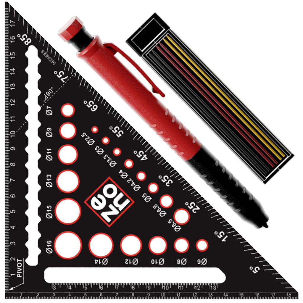 Carpenter Square 7 inch - All-in-1 Multi-Purpose Tools: Carpenter Pencils, Extra Leads, Protractor, Ruler, Marking