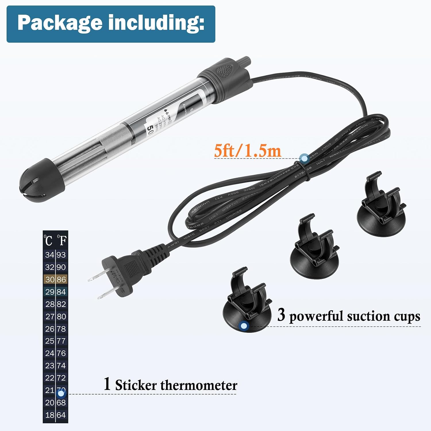 50W Adjustable Aquarium Heater, Submersible Fish Tank Heater Thermostat with Suction Cups for 6-15Gal