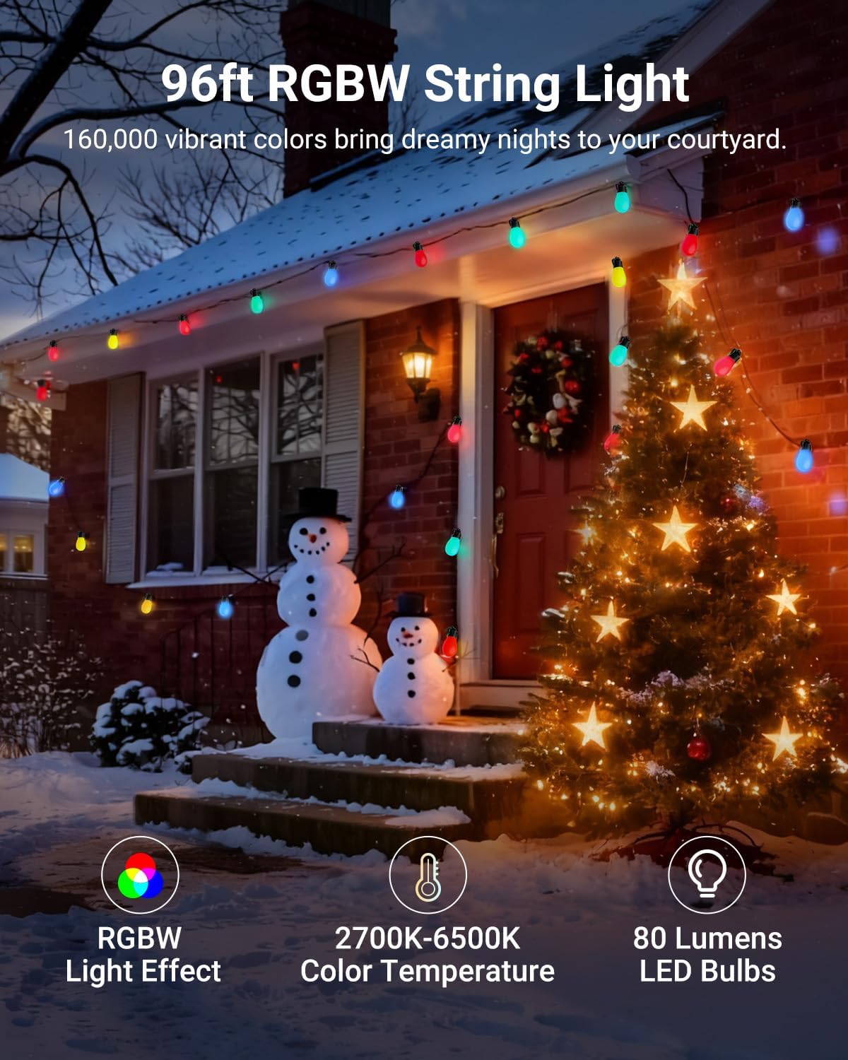96ft Outdoor String Lights, App Control Smart AI RGB IC W Hanging Outside Warm White Patio Balcony Backyard Lighting