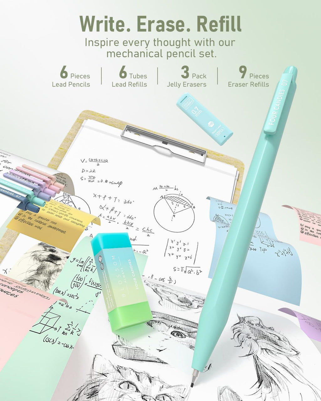 School Supplies with Cute Pen Case, 39ct Green | Back to School Stationery Set, Essentials for College & Nursing
