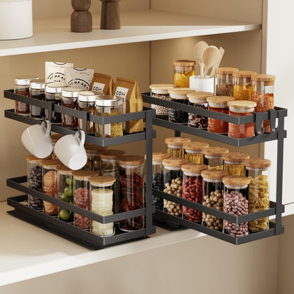 Pull Out Spice Rack Organizer for Cabinet, 2 Pack Metal Seasoning Organizer Slide Out Spice Storage Shelf No Assembly