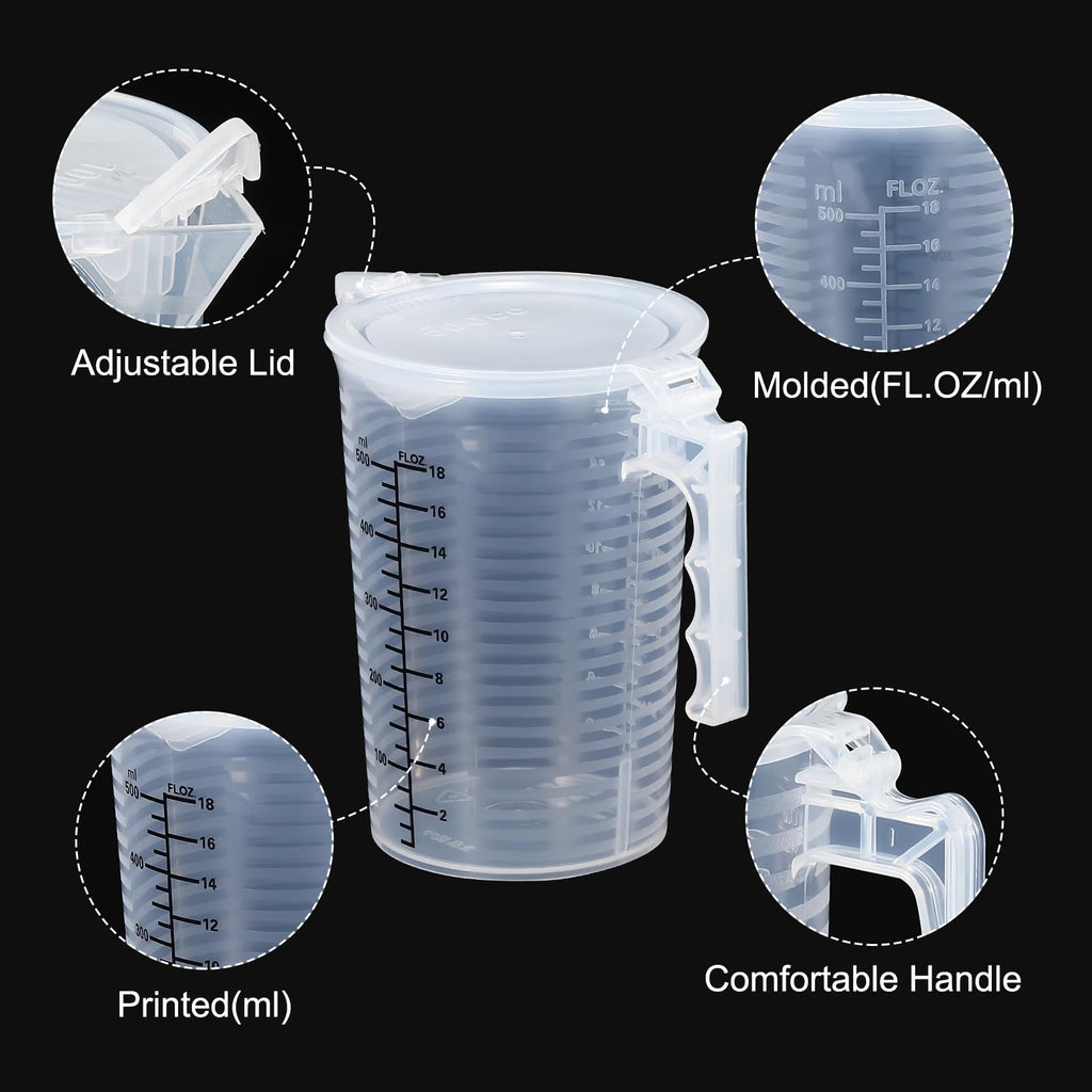 Graduated Beaker, 500ml PP Plastic Liquid Measuring Cup Double Sided Black Graduations with Handle Lid and Spout for