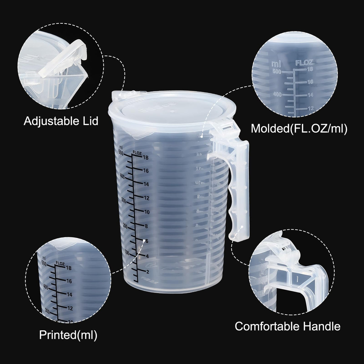 Graduated Beaker, 500ml PP Plastic Liquid Measuring Cup Double Sided Black Graduations with Handle Lid and Spout for