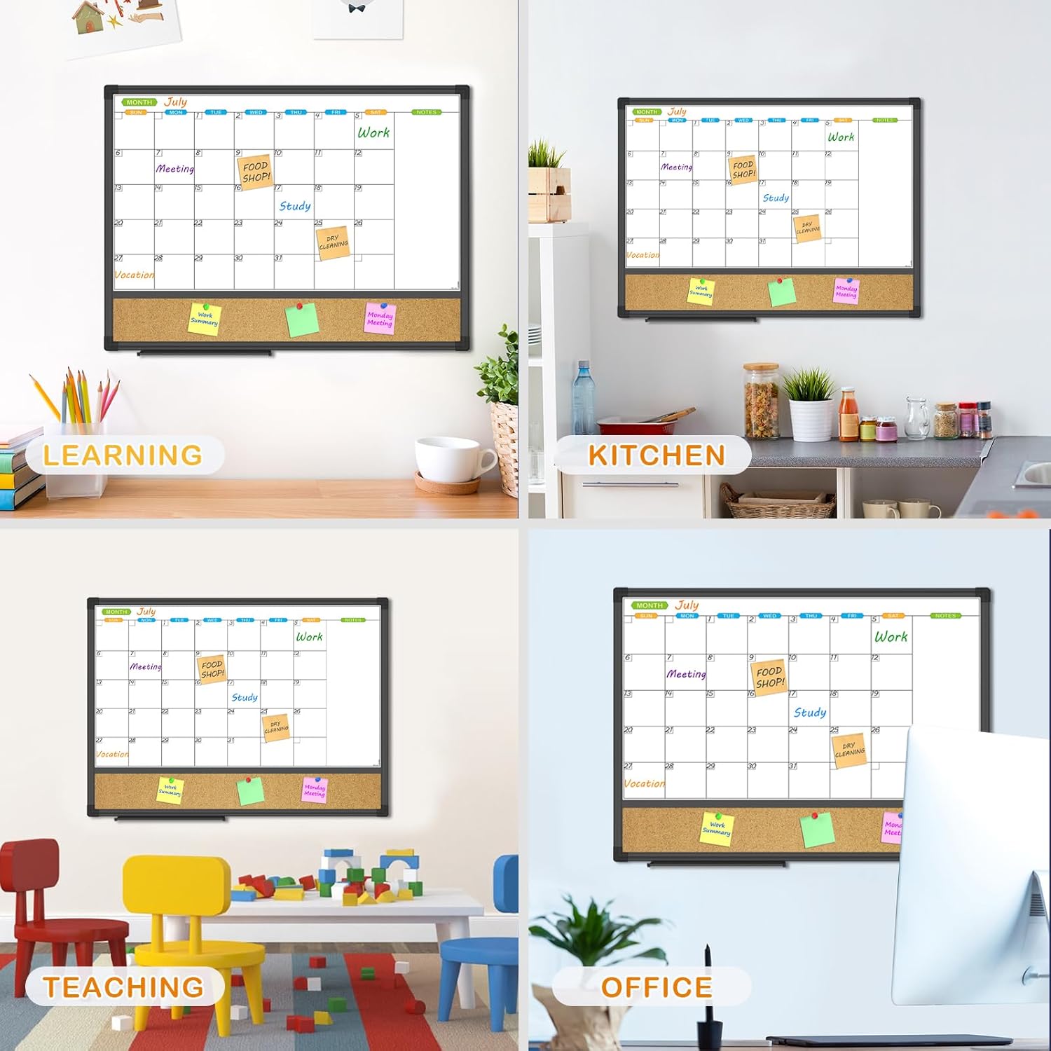 Magnetic Calendar Whiteboard & Bulletin Corkboard Combination, Combo Board 24 x 18 Inch, Black Aluminum Frame Wall