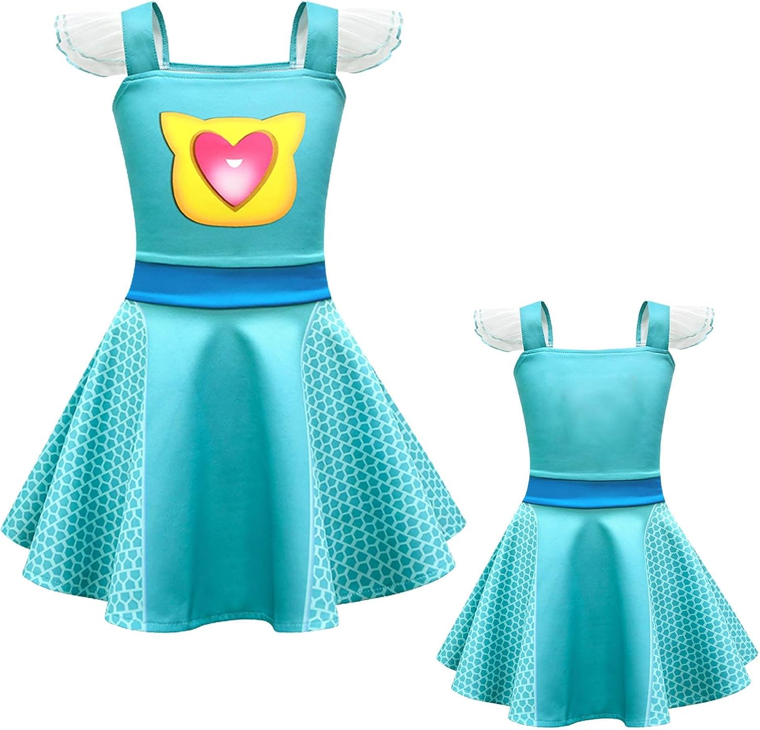 Girls Superhero Dress with Mesh Sleeves,Cat Eyes Mask and Cute Necklace for Halloween Birthday Party Outfits
