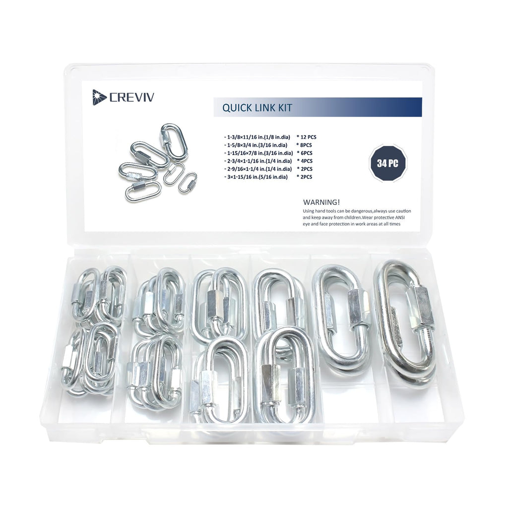 34 PCS Quick Link Kit Chain Link Assortment Chain Connectors (6 Sizes)