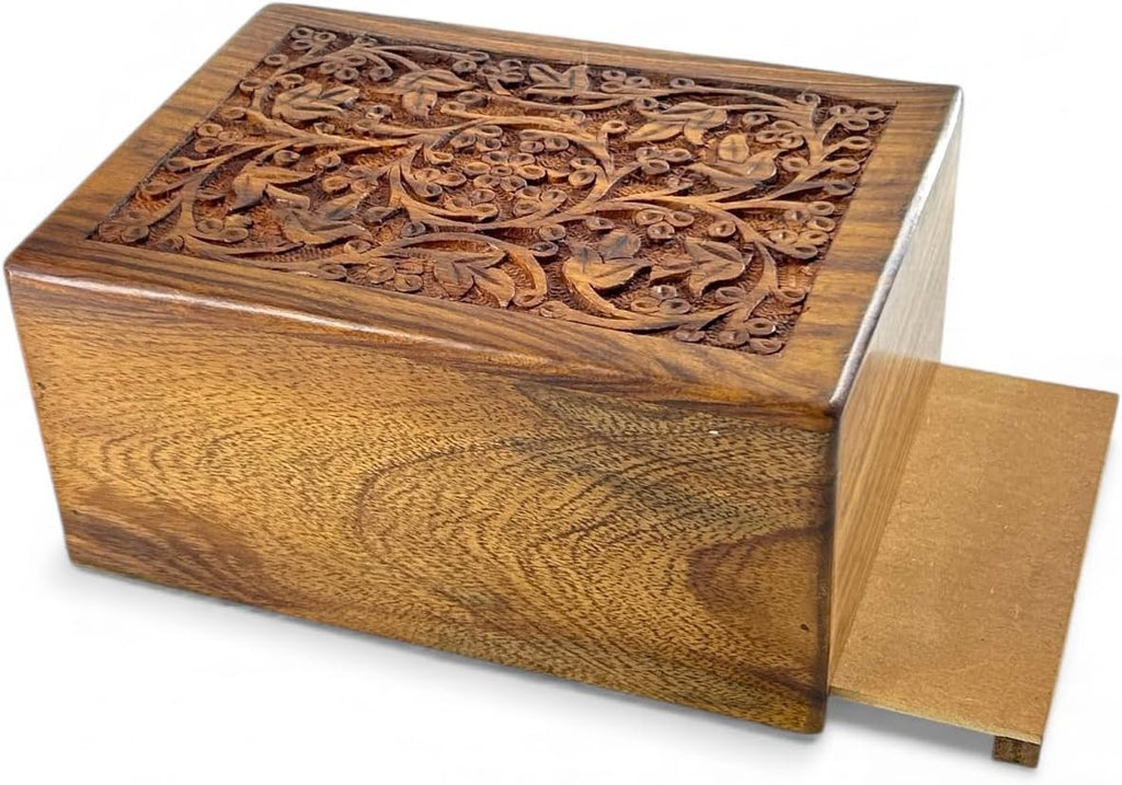 Floral Engraved Handcarved Cremation Urns For Human Ashes Adult Male Female Wooden Decorative Urn Burial Casket For