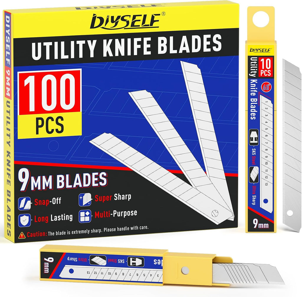 100 Pack Utility Knife Blades, 9mm Box Cutter Blades Refills (60°)