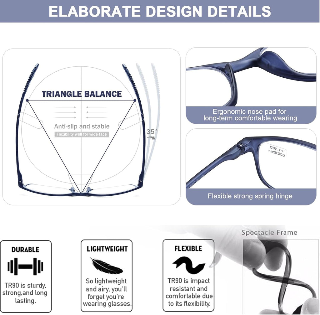 Blue Light Blocking Reading Glasses Women Men, Lightweight Flexible TR90 Computer Readers Unbreakable Cheaters Glasses