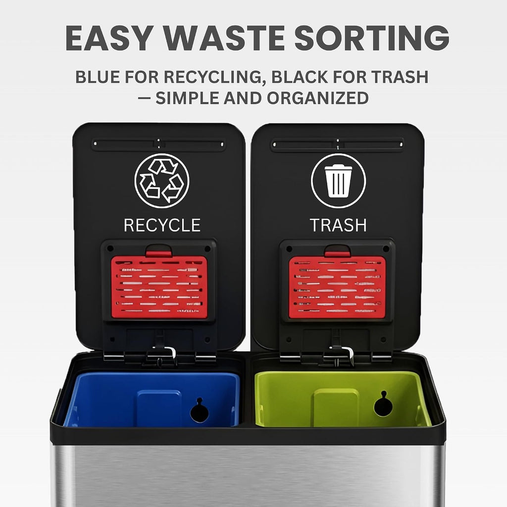 16 Gallon / 60L Dual Kitchen Trash Can & Recycle Bin, 2x8 Gal Removable Buckets, Soft-Close Stainless Steel Step