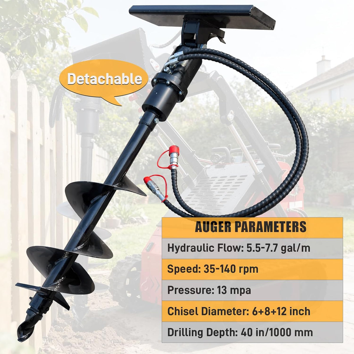 Mini Skid Steer Loader Auger Attachments, Hydraulic Auger with 6"/8"/12" Drill Bits, Heavy Duty Skid Steer Attachment