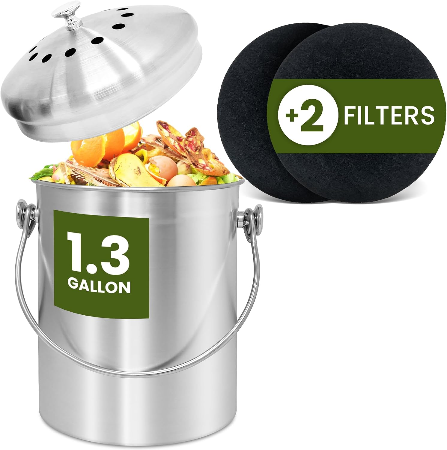 1.3 Gallon Stainless Steel Compost Bin for Kitchen | Charcoal Filters | Silver, Indoor Composting Bin with Charcoal
