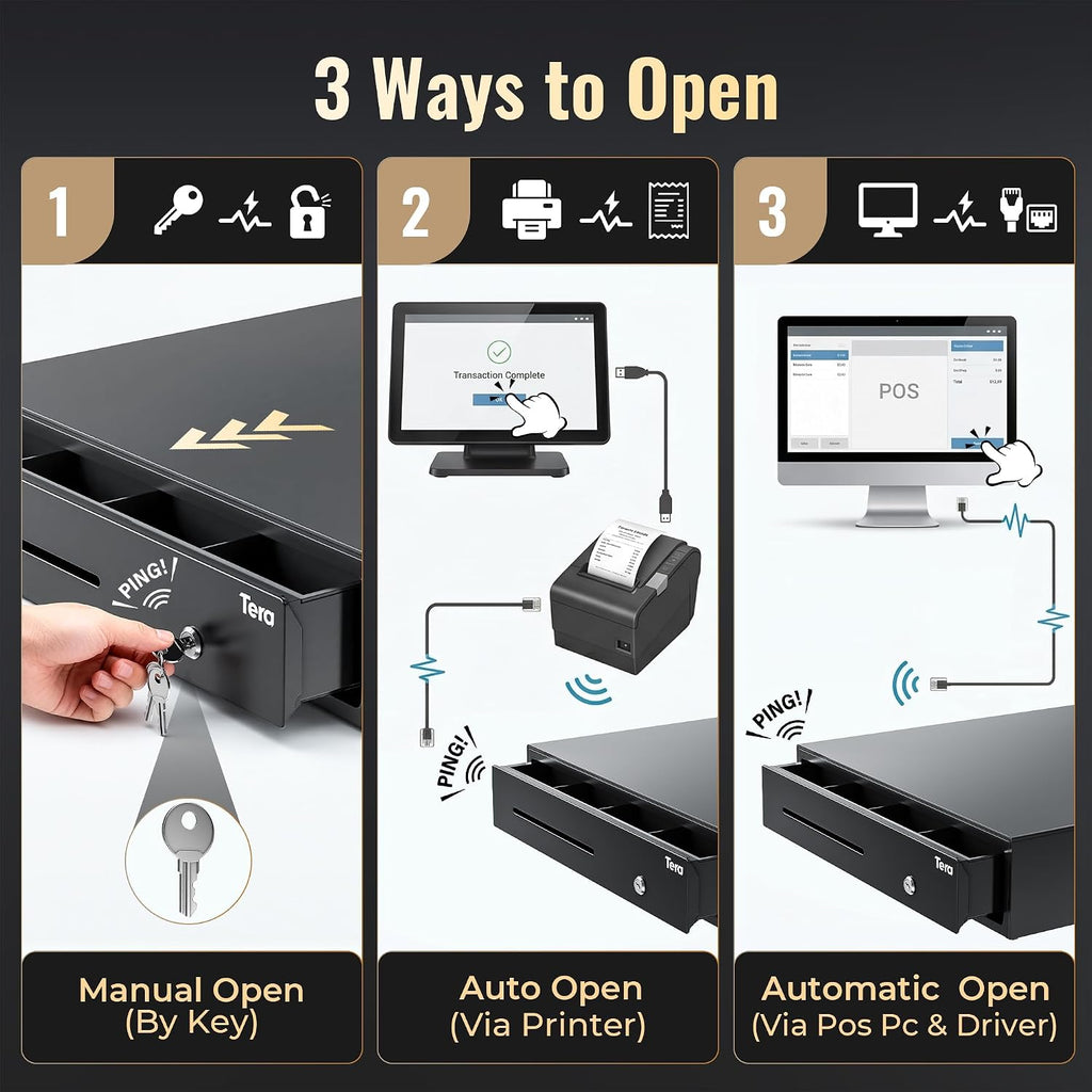 Cash Register Drawer 16 inch: 5 Bill 8 Coin Media Slot for POS, 415A | RJ-12 Interface, Auto & Manual Open, Removable