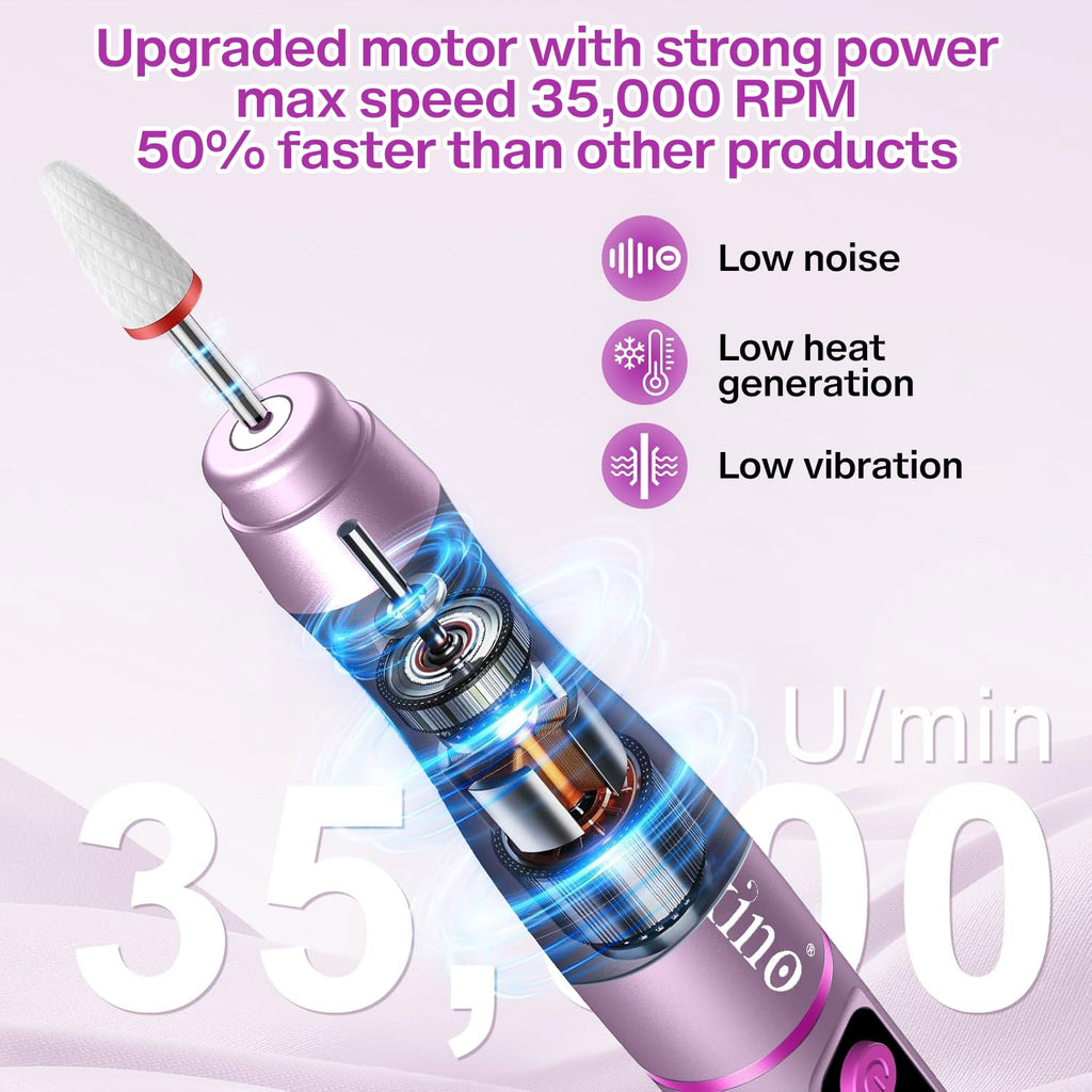 Cordless Nail Drill with UV NailLamp – 2-in-1 Rechargeable Electric Nail File & Flash Curing Lamp, 35000 RPM for Gel