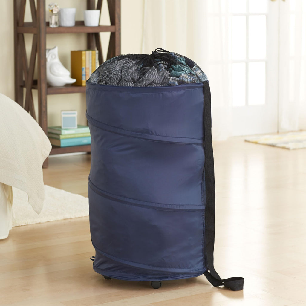 Rolling Pop Up Hamper, Drawstring Closure with Shoulder Strap and Removable Wheels, Blue