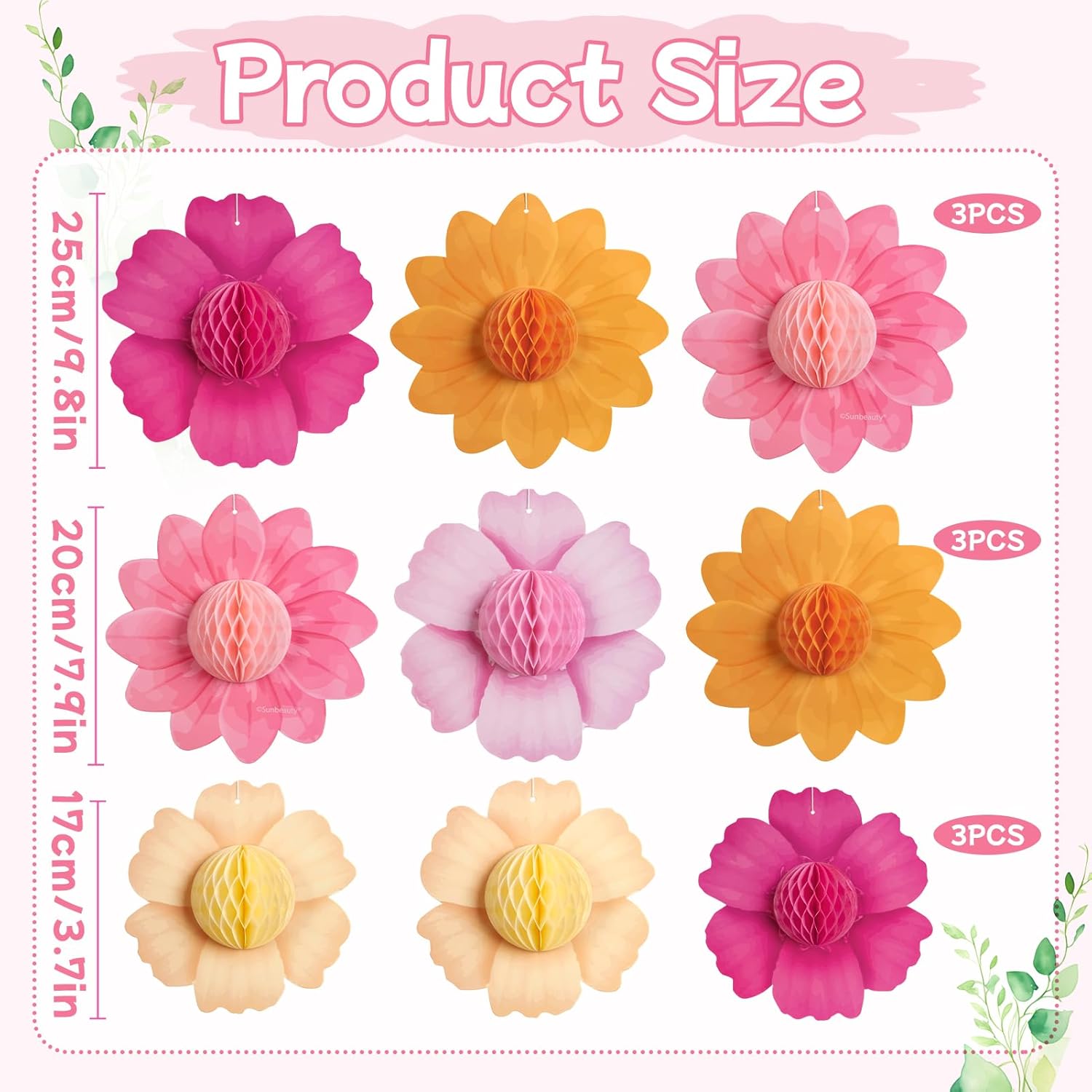 9PCS Hot Pink and Orange Party Decorations Paper Flowers Honeycomb Hanging Large Paper Flowers Pom Poms Fiesta for