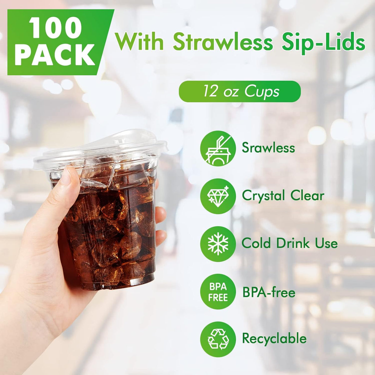 100 PACK 12 oz Clear Plastic Cups With Sip Lids, Strawless Lids