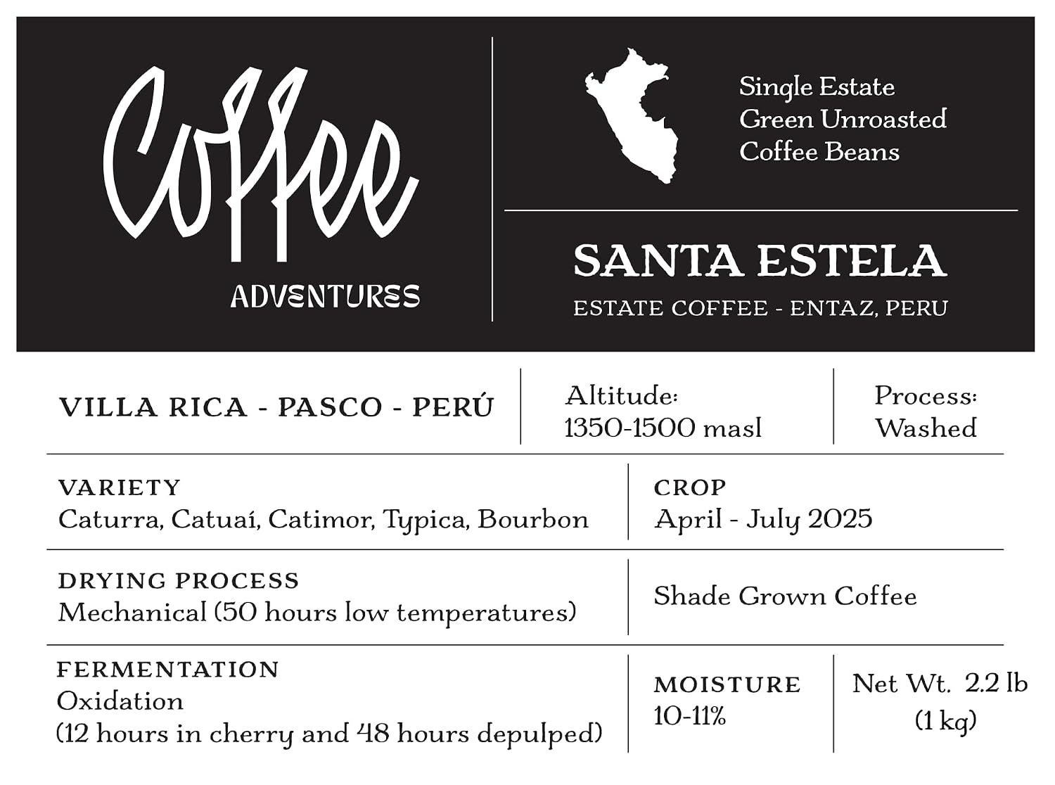 Green Unroasted Coffee Beans from Peru — Finca Santa Estela Single Estate | Direct Trade Specialty Grade | Caturra