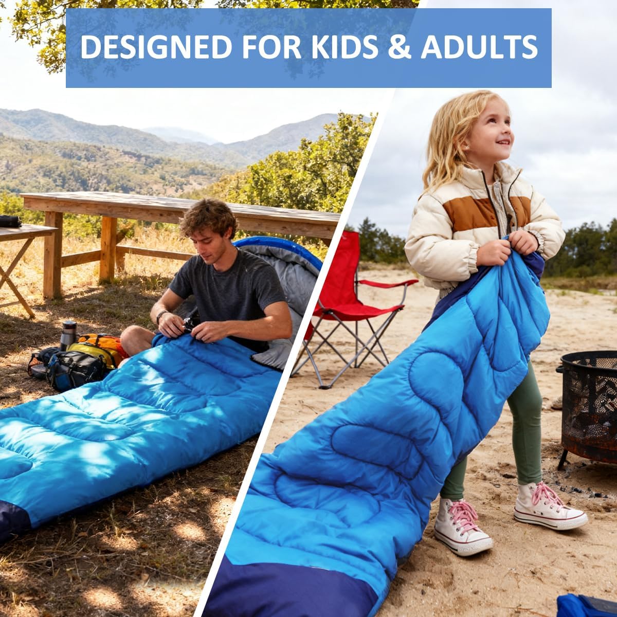 Camping Sleeping Bag - 3 Season Warm & Cool Weather - Summer Spring Fall Lightweight Waterproof for Adults Kids