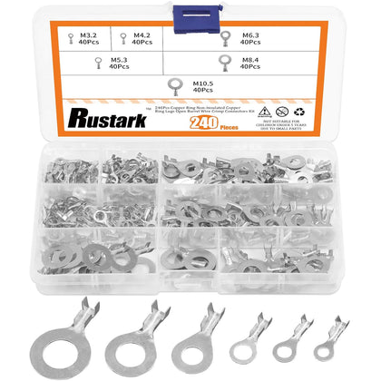 6 Sizes 240 Pcs Non-Insulated Ring Crimp Terminals Connector Assortment Set, O-Type Copper Open Barrel Wire Crimp Kit