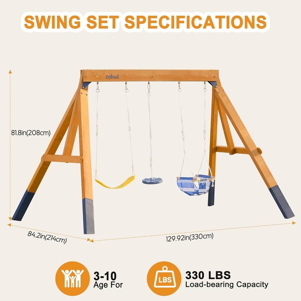 3-in-1 Playground Wooden Swing Sets for Backyard, DIY Swing Sets with Tree Swing and 2 Toddler Swings, Kids Outdoor