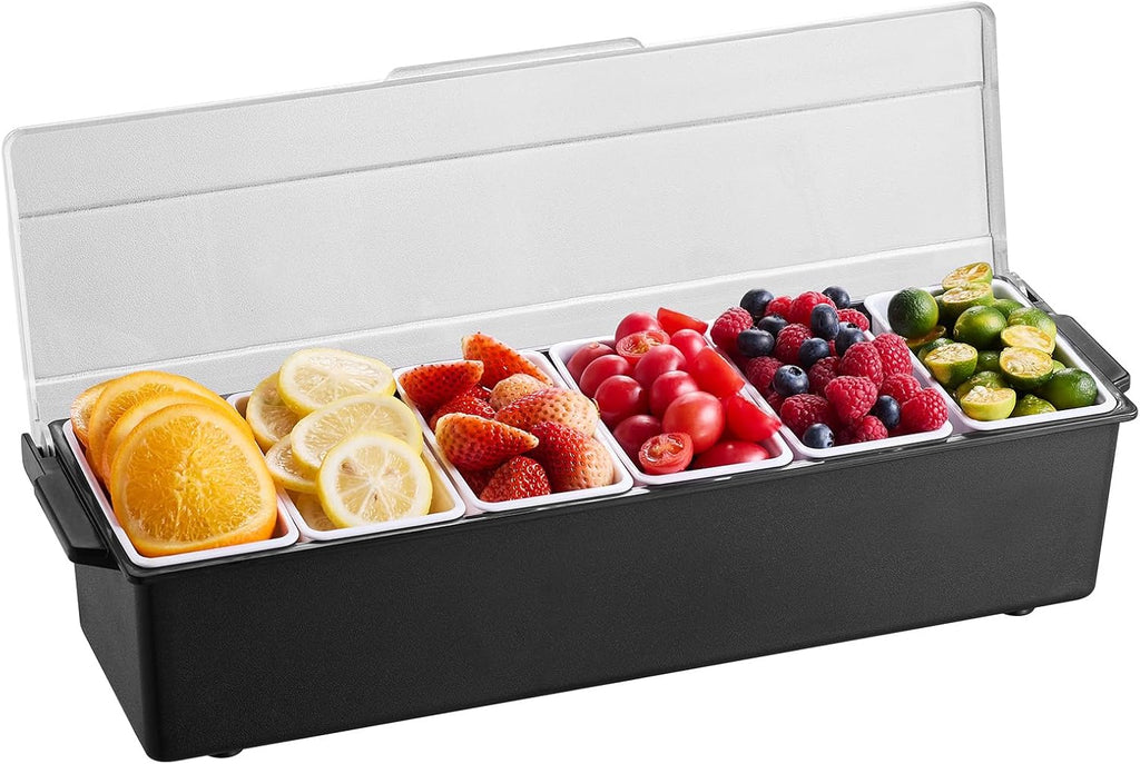 Ice Cooled Condiment Serving Container, 6 Compartments Chilled Server, Fruit Veggie Condiment Caddy, Plastic Garnish