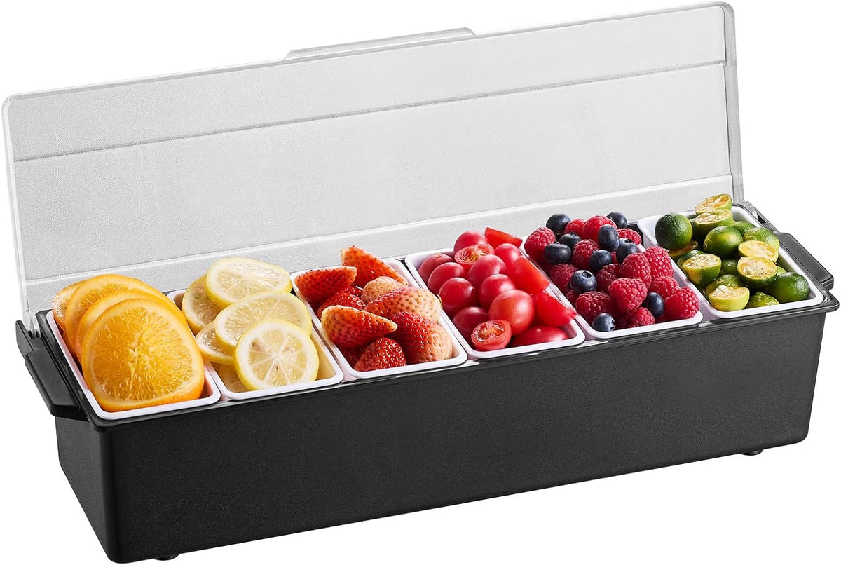 Ice Cooled Condiment Serving Container, 6 Compartments Chilled Server, Fruit Veggie Condiment Caddy, Plastic Garnish