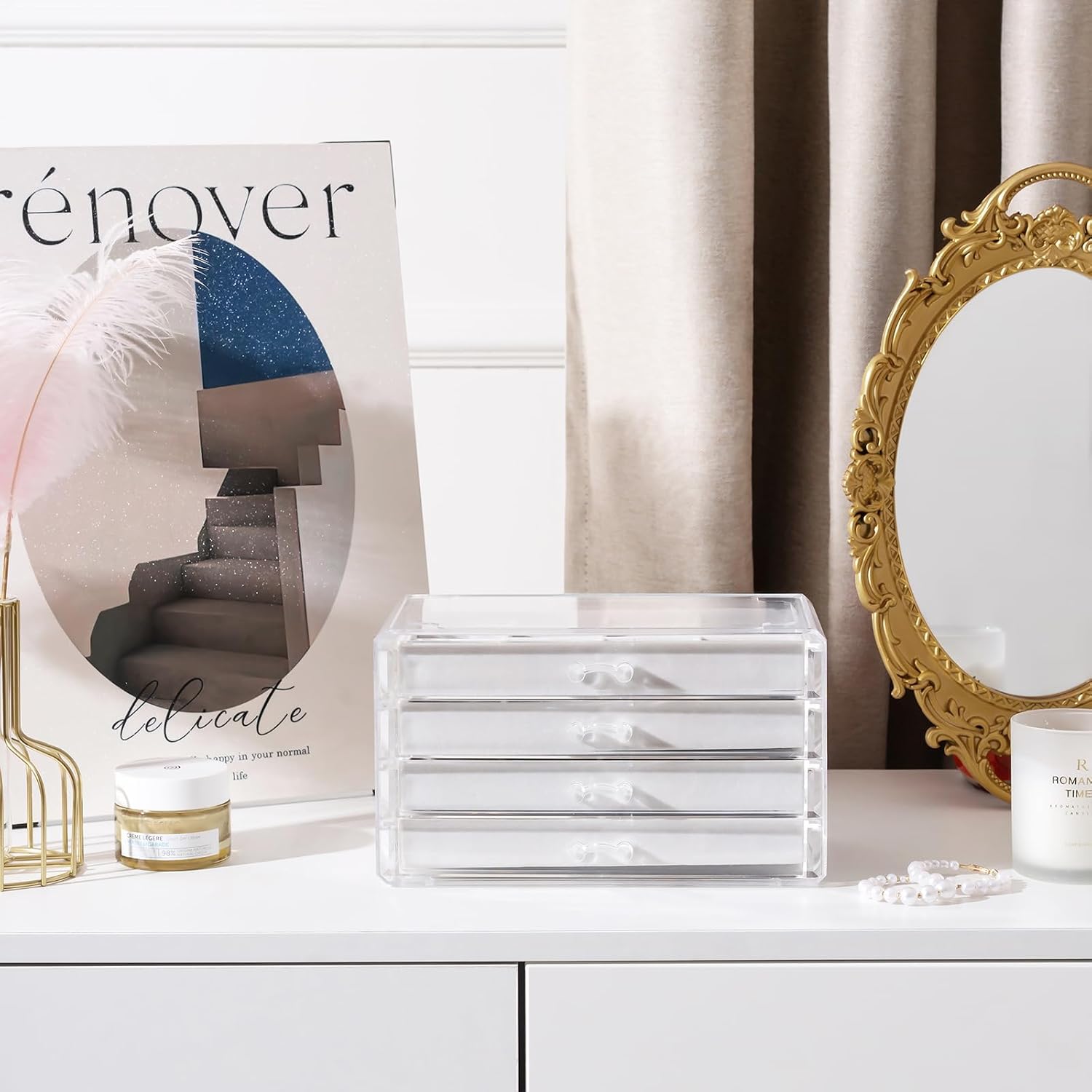 Earring Holder Organizer Box Jewelry Storage with 4 Drawers, Clear Acrylic Stackable Earring Case with Adjustable