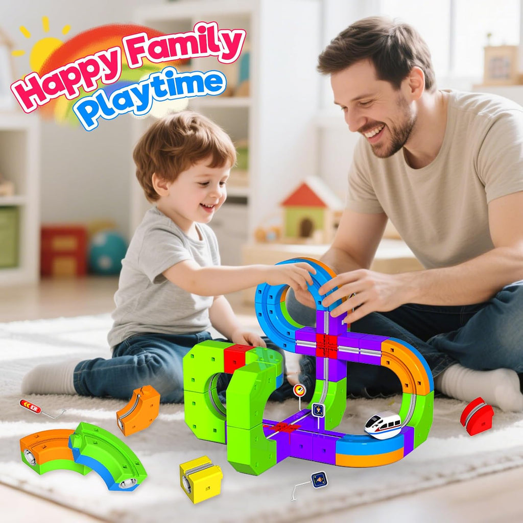 Electric Train Set for Kids, 69Pcs 3D Flexible Race Track Set with Electric Train, Traffic Signs, STEM Train Toy Set