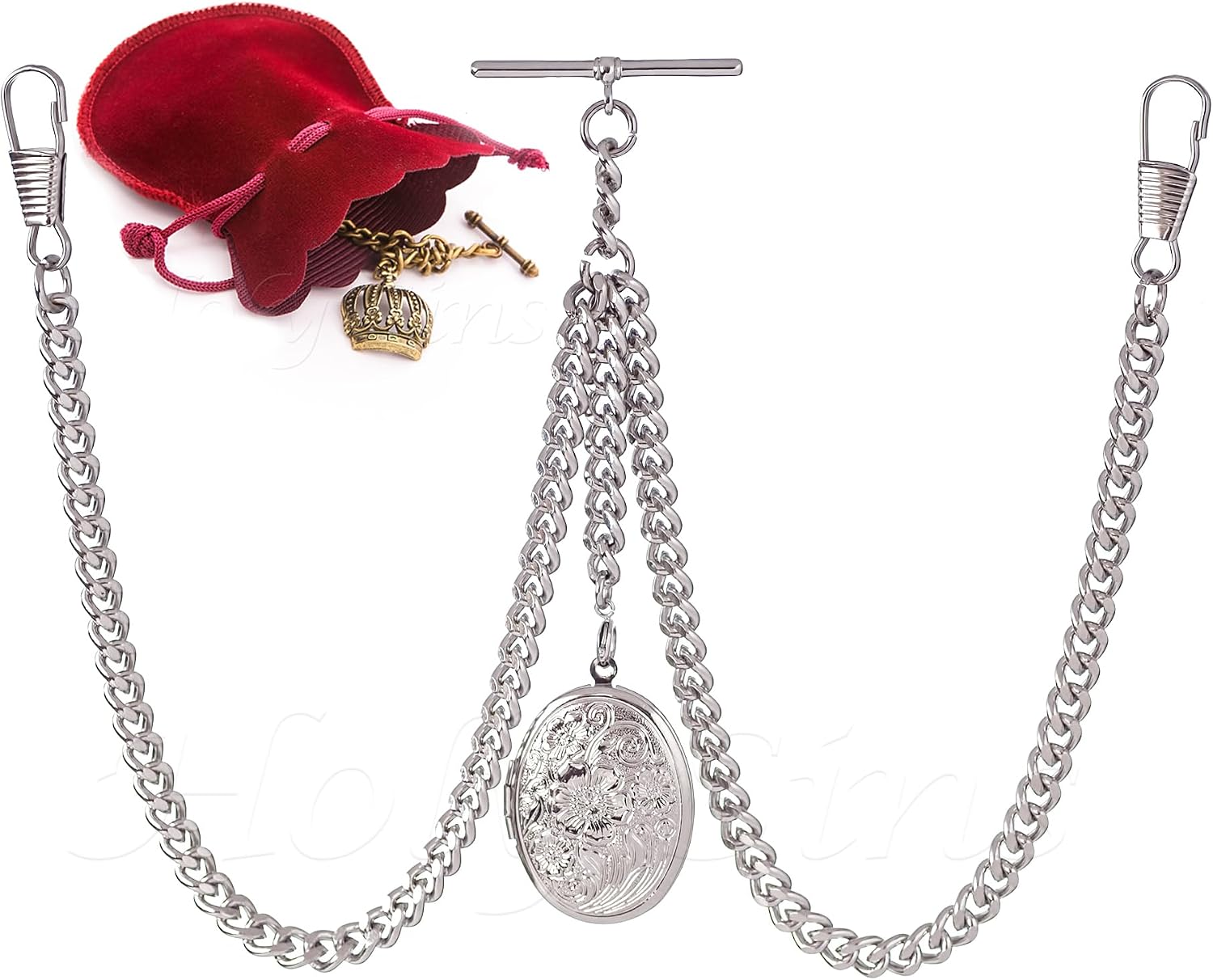 Double Albert Silver Pocket Watch Chain with Floral Locket Pendant – Adjustable Length, Handmade in the UK