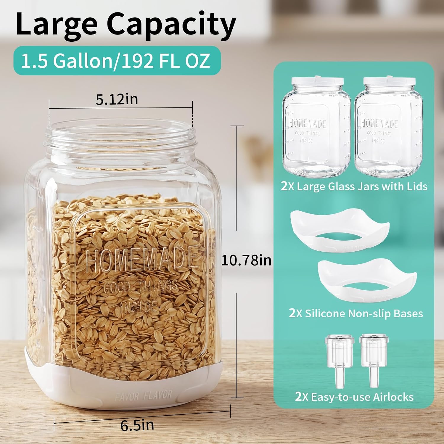 2P Glass Fermentation Jar: 1.5 Gallon Container w/Airlock Lid | 5.12in Wide Mouth Mason Jar-Non slip Base-Scale