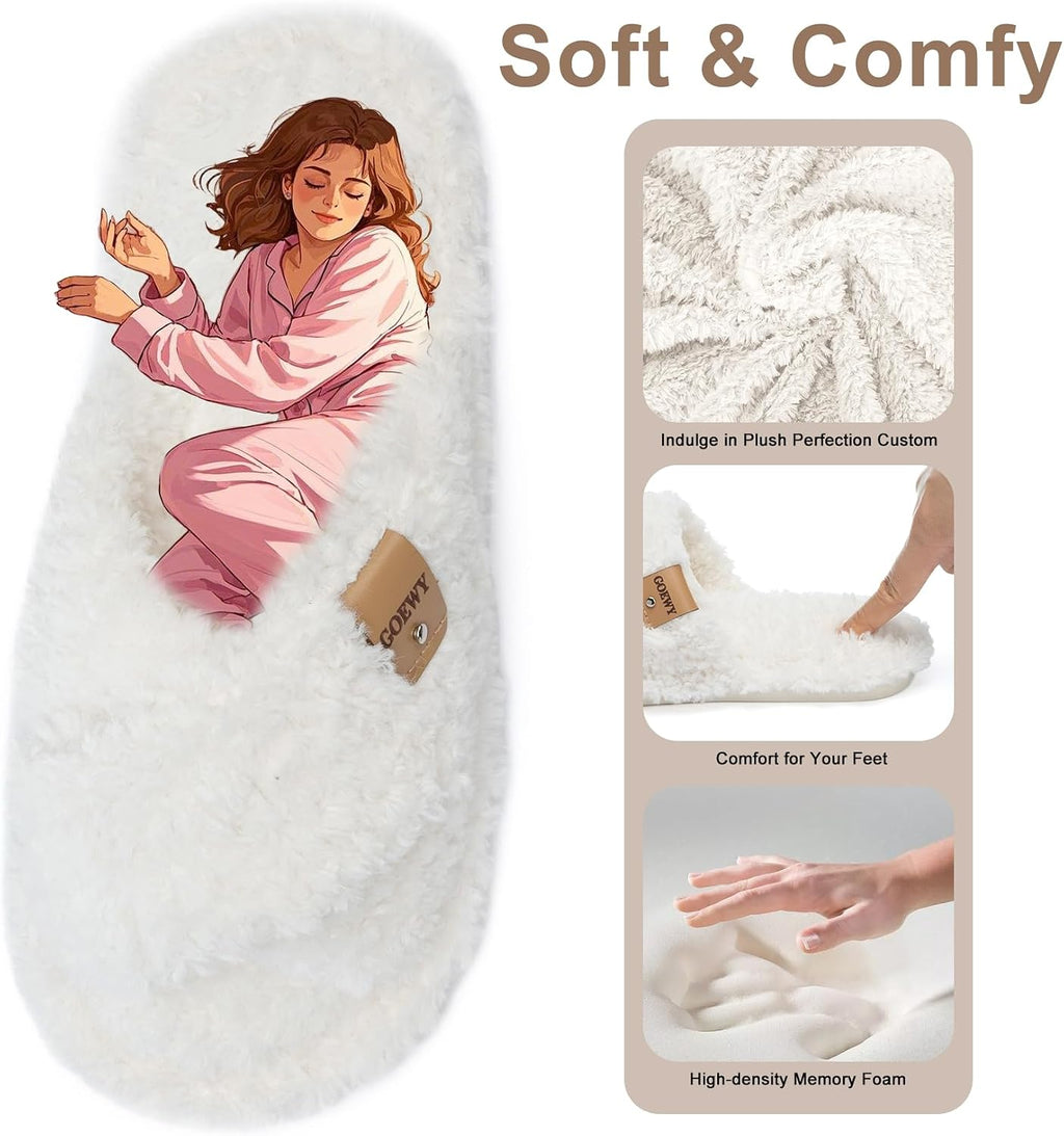 Fuzzy Open Toe Slippers for Women Cozy Memory Foam House Shoes Indoor | Cute Cross Band,Soft Faux Fur,Anti-slip Sole