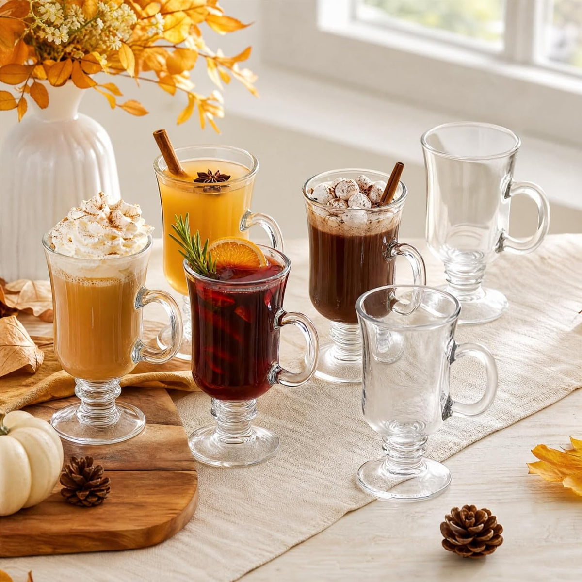6 Pack Irish Coffee Mugs, 8 oz Glass Clear Coffee Cups Stemmed, Pedestal Crystal Coffee Cup with Handle for