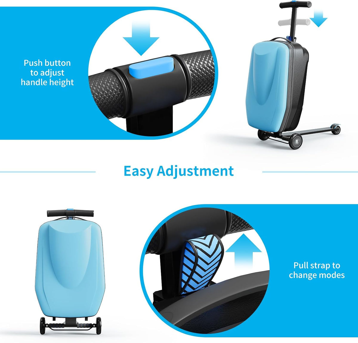 21" Scooter Suitcase for Kid&Adult,Ride On Scooter Luggage,Light Blue