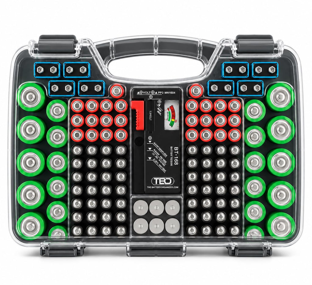 The Battery Organizer, Battery Storage Organizer Hinged Clear Cover with Locking Lid, Holds 180 Batteries, Includes a