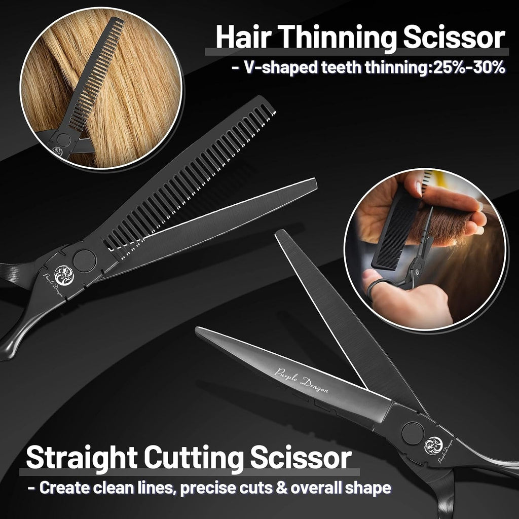 6 inch Hair Cutting Shears Set with Bag for Barbers - Black | Japanese 440C Steel Hairdressing Scissors, Straight &