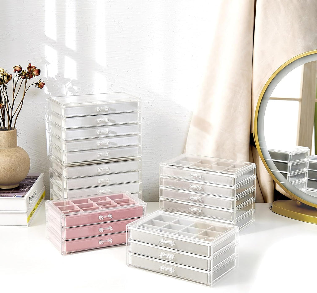 Earring Holder Organizer Jewelry Box with 5 Drawers, Acrylic Clear Earring Case with Adjustable Velvet Trays for