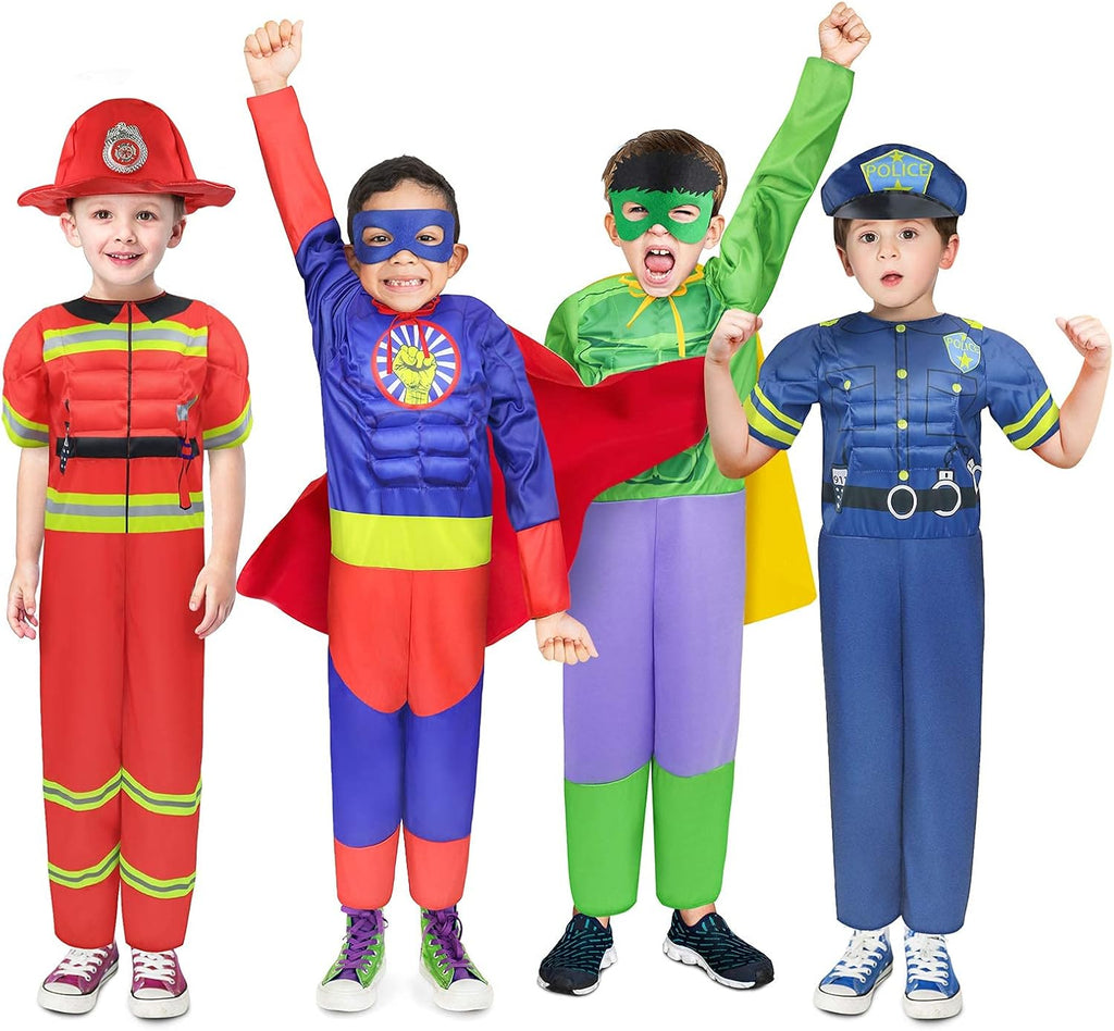 Boys Muscle Chest Dress up Costumes Trunk with Superhero Policeman Costume | Kids Pretend Role Play Costumes Set