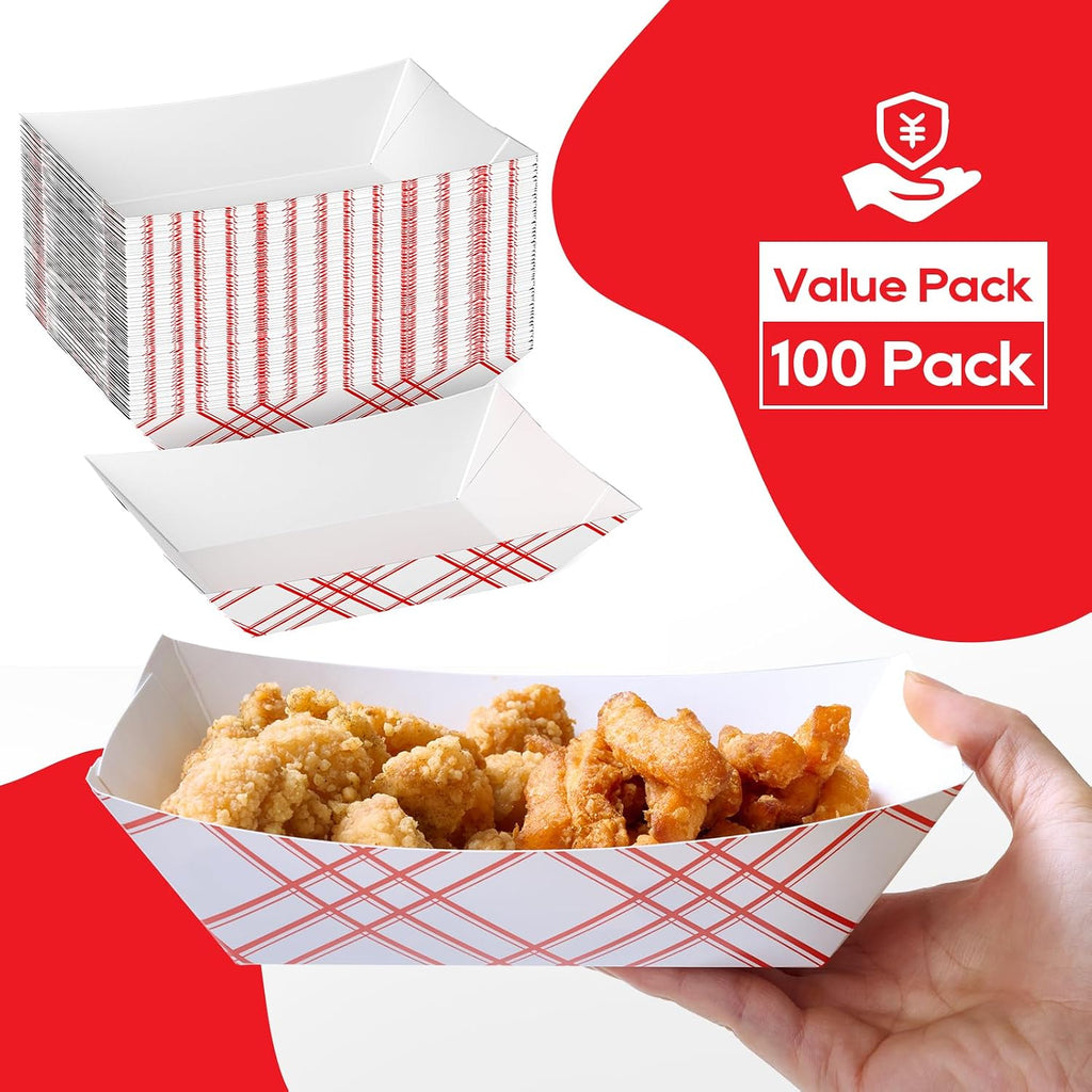 100 Pack 3lb Paper Food Tray Red, Disposable Paper Boat for Nacho