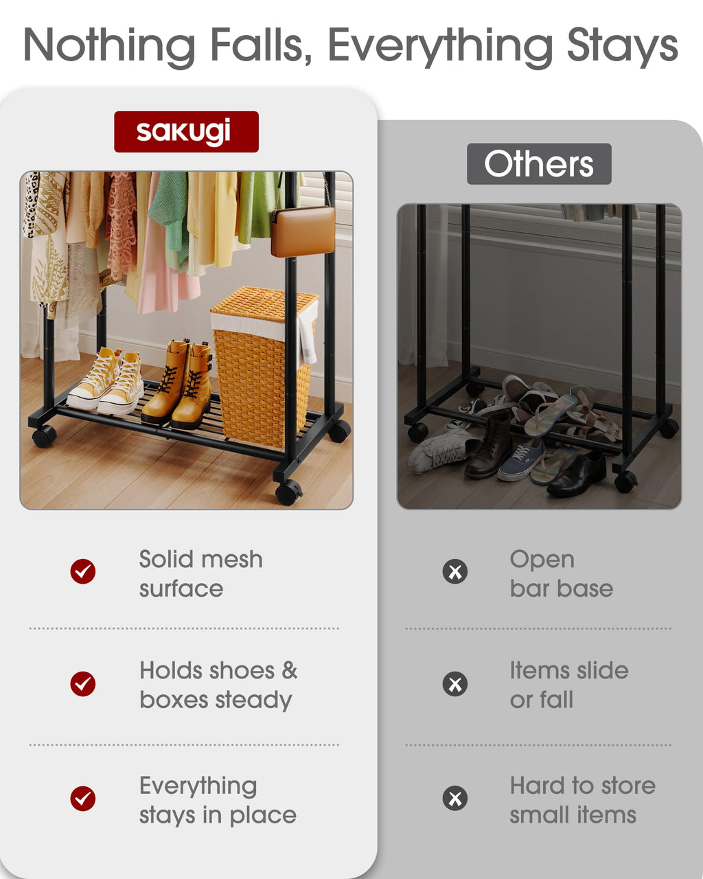 Double Rod Clothes Rack Mesh Shelf & Hooks, 28.7x16.5x59.1, Black