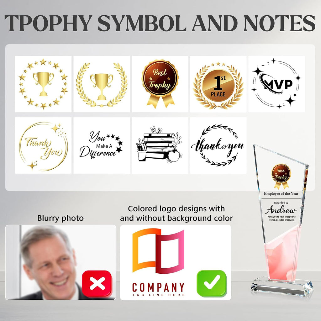 Personalized Crystal Trophy Award - Custom Plaque Award with Text Logo Photo - Employee Recognition Awards and